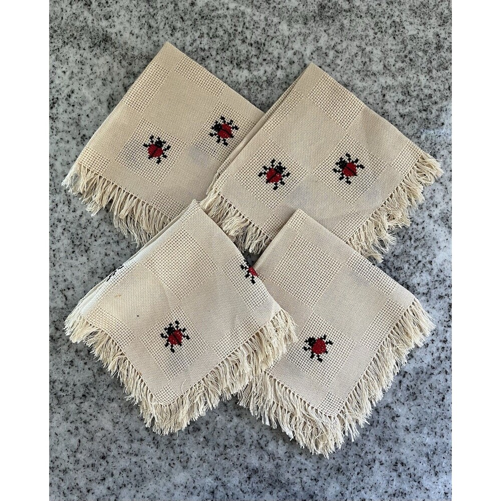 Handmade Cross Stitched Ladybug Napkins Set of 4 10x10 Woven Fringe Square